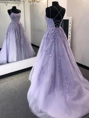 Stylish Backless Purple Lace Long Prom Dresses, Purple Lace Formal Dresses, Purple Evening Dresses, Ball