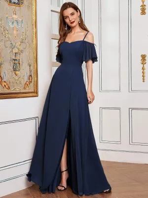 Stylish Cold Shoulder Flare Sleeves Flowy Bridesmaid Dress