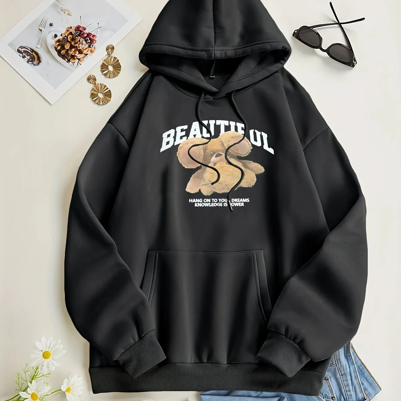 Stylish Womens Bear Print Hoodie with Kangaroo Pocket