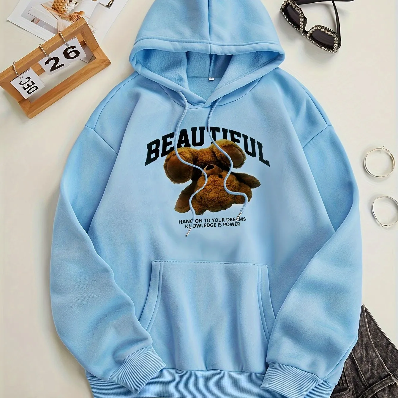 Stylish Womens Bear Print Hoodie with Kangaroo Pocket