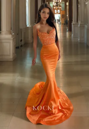 Sweetheart Mermaid Prom Dress Sleeveless Sweep Train Satin Formal Gowns with Beads