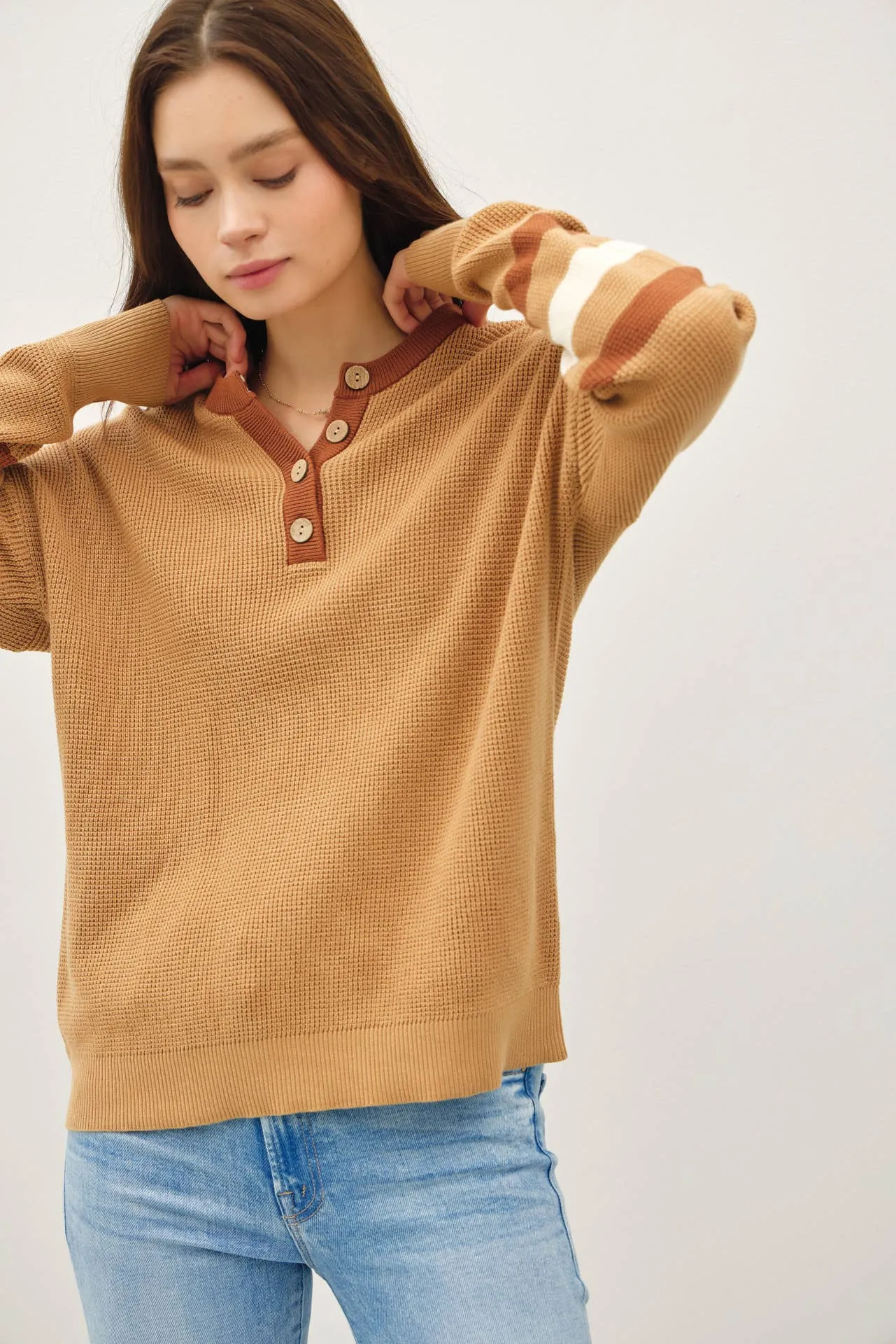 TREE STRIPED LONG SLEEVE WAFFLE KNIT HENLEY SWEATER