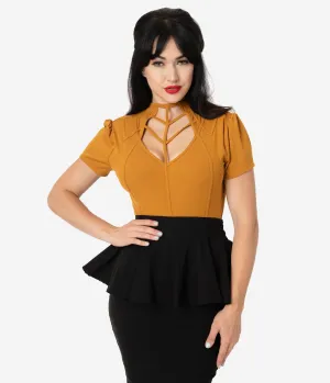 Unique Vintage Mustard Yellow Cage Knit Short Sleeve Lanie Top