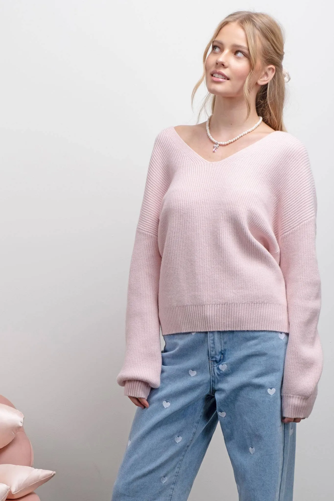 V NECK DROP SHOULDER BACK BOW TIE DETAIL SWEATER