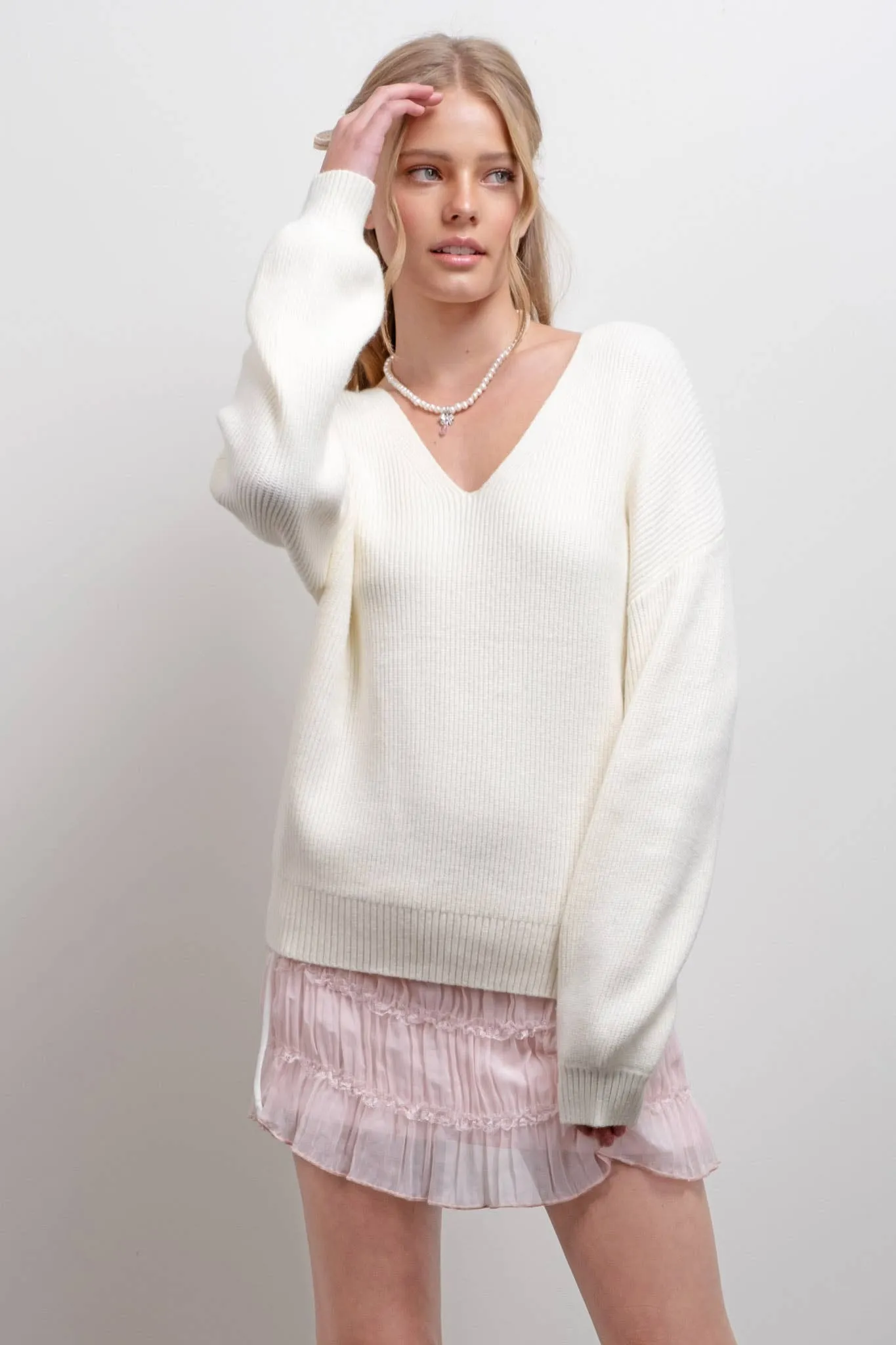 V NECK DROP SHOULDER BACK BOW TIE DETAIL SWEATER