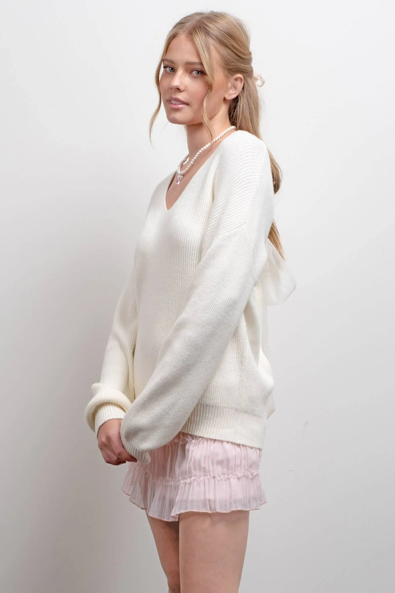 V NECK DROP SHOULDER BACK BOW TIE DETAIL SWEATER