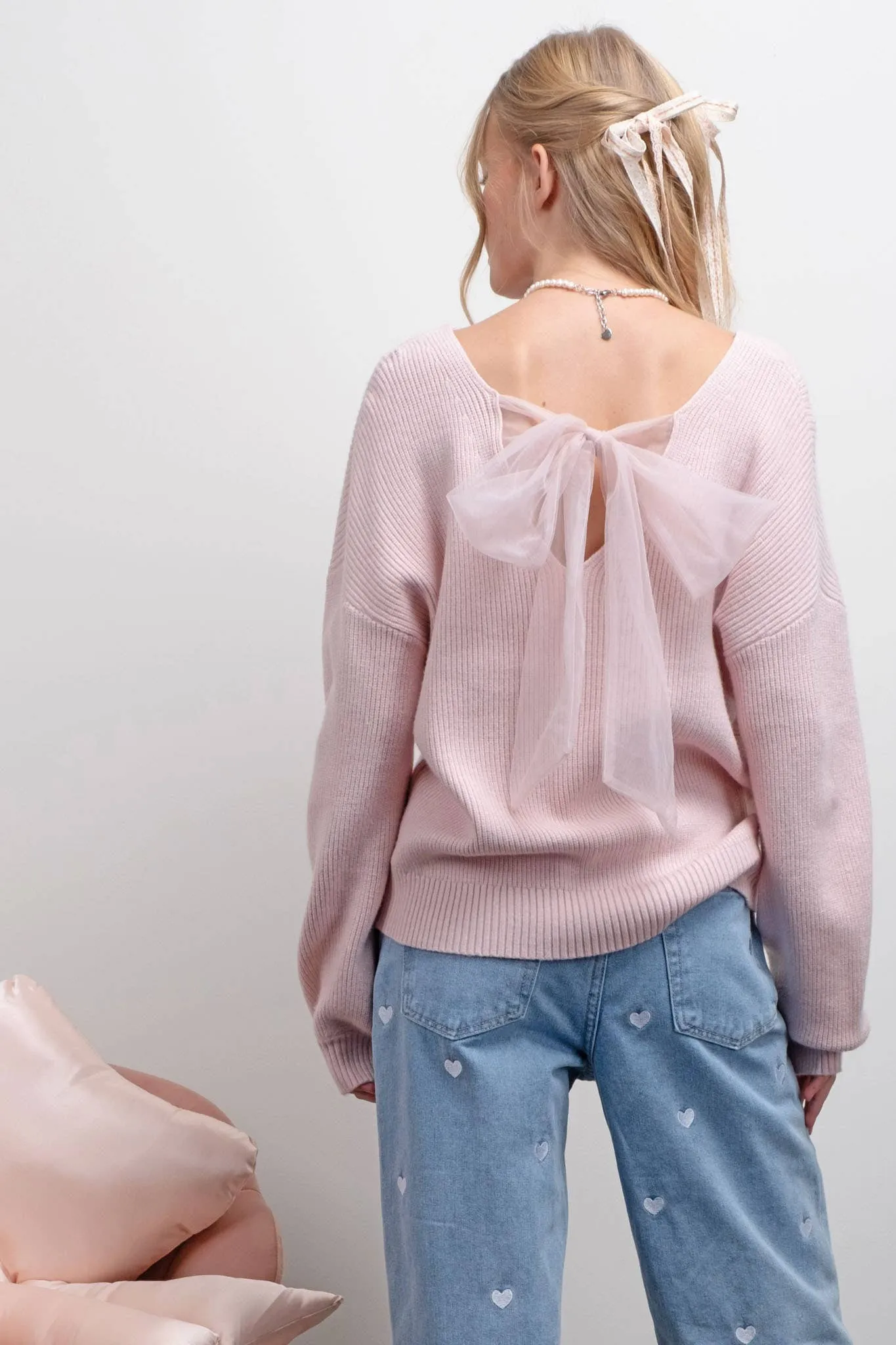 V NECK DROP SHOULDER BACK BOW TIE DETAIL SWEATER