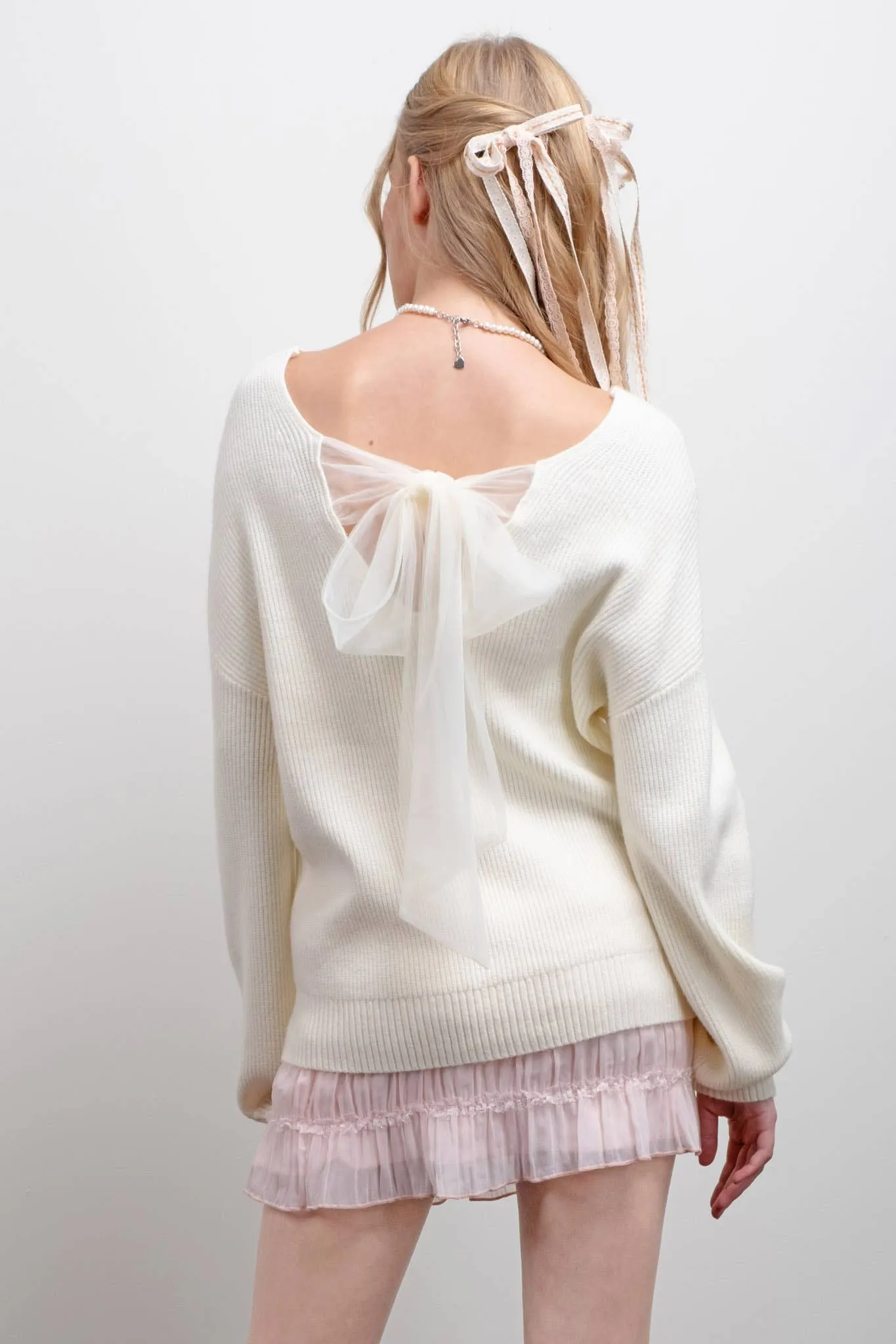 V NECK DROP SHOULDER BACK BOW TIE DETAIL SWEATER