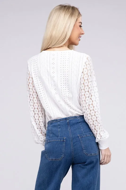 V Neck Lace Trim Eyelet Blouse