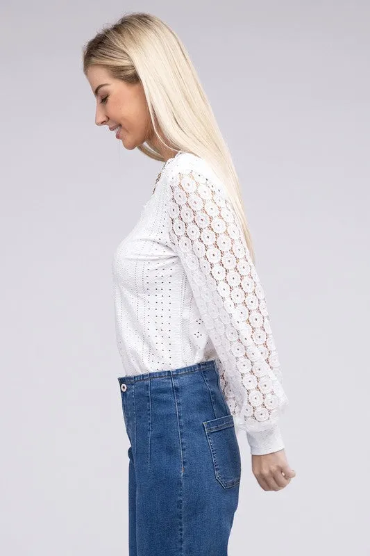 V Neck Lace Trim Eyelet Blouse