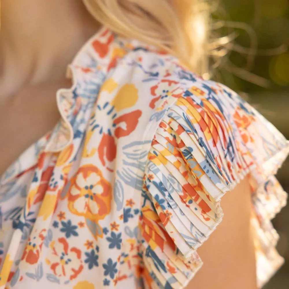 Voya Pleated Sleeve V Neck Floral Top