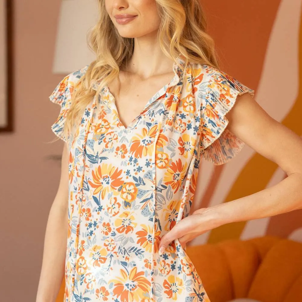 Voya Pleated Sleeve V Neck Floral Top