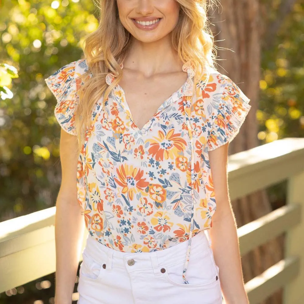 Voya Pleated Sleeve V Neck Floral Top